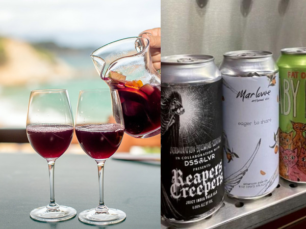 Red wine being poured and selection of craft beers.